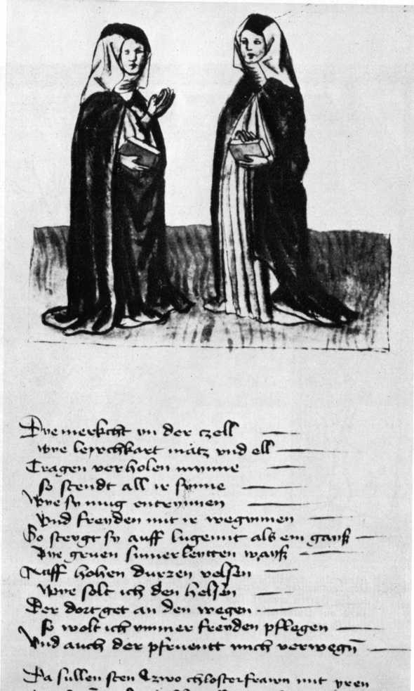 Zwei Nonnen. Beischrift: 'Da sullen sten zwo chlosterfrawn mit yren puechern vnd vändl auff yren hewppern', CG, 106r